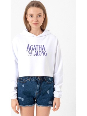 Tshirthane Agatha All Along Lettern Beyaz Optik Kadın Crop Kapşonlu