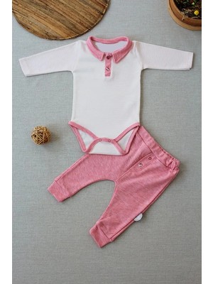 TeknoKapsül 3-6 6-9 9-12 Ay Melanjlı Uzun Kollu Zıbınlı 2li Kız Bebek Takımı Pembe