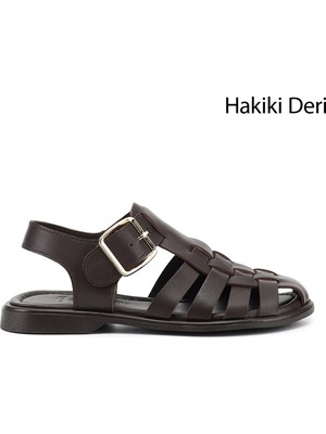 Gönderi(r) Kadın Kahve  Tokalı Bantlı Burnu Kapalı Hakiki Deri Sandalet