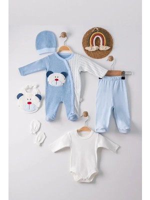 TeknoKapsül Ayıcık Nakışlı Tulumlu % 100 Pamuk Erkek Bebek 5'li Set