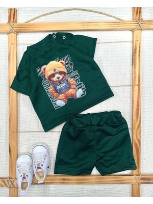 TeknoKapsül 9-12-18-24 Ay Dansçı Ayıcık Baskılı Şortlu Kısa Kollu Tişört 2li Erkek Bebek Takımı