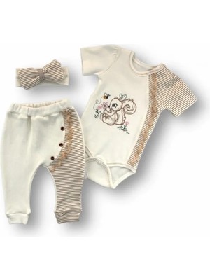 TeknoKapsül 3-6 6-9 9-12 Ay Minik Sincap Nakışlı Şapkalı Uzun Kollu Zıbınlı 3lü Kız Bebek Takımı Kahverengi