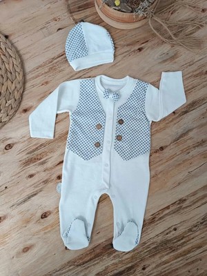 TeknoKapsül 0-3 3-6 6-9 Ay Şapkalı Yelek Detaylı Boydan Çıtçıt Erkek Bebek Tulumu Ekru