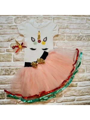 TeknoKapsül 9-12-18 Ay Payetli Pony Nakışlı Tokalı Kısa Kollu Tütü Etek 3lü Kız Bebek Takımı Pudra