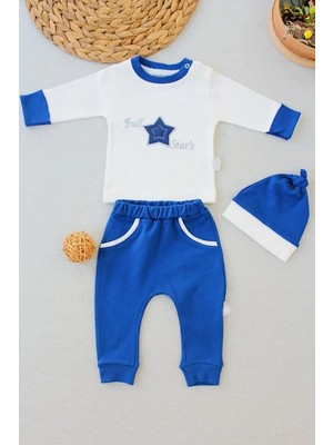 TeknoKapsül 3-6 6-9 9-12 Ay Full Nakışlı Şapkalı Uzun Kollu Sweat 3lü Erkek Bebek Takımı Indigo