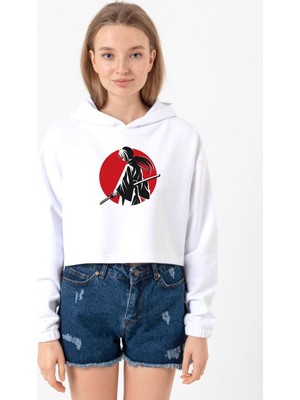 Tshirthane Rurouni Kenshin Samurai Logo Beyaz Optik Kadın Crop Kapşonlu