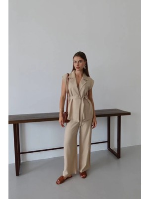 TeknoKapsül Keten Yelek Pantolon Takım Bej Pt