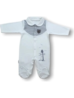 TeknoKapsül 3-6 6-9 Ay Deniz Feneri Nakışlı Patikli Uzun Kollu Erkek Bebek Tulumu Ekru