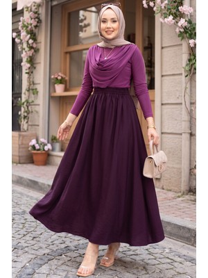 Kç Beli Lastikli Cep Detaylı Etek Mürdüm