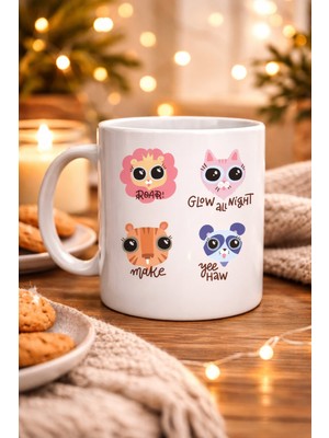 TeknoKapsül Sevimli Hayvan Figürlü Porselen Kupa Model 70 – “roar Glow All Night Make Yee Haw” Tasarımlı