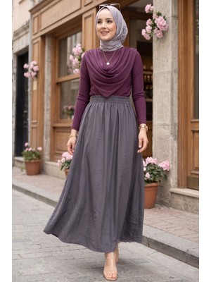 Kç Beli Lastikli Cep Detaylı Etek Gri