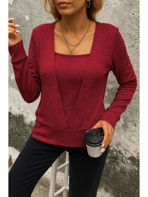 Pileli Store Pilelistore- Kadın Uzun Kollu Kruvaze Yaka Kol ve Etek Ucu Manşet Detay Yumoş Bluz