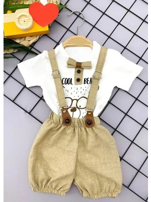 TeknoKapsül 9-12-18-24 Ay Papyon Detaylı Keten Şort Spet Tişörtlü 2li Erkek Bebek Takımı