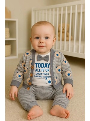 TeknoKapsül Papyonlu Bear Çizgili Model Ceketli 3'lü Erkek Bebek Takımı