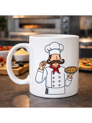 TeknoKapsül Pizza Ustası Tasarımlı Porselen Kupa Model 165 – Aşçı Temalı Kahve Kupası – Pizza Sevenlere Hediye