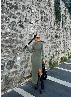 TeknoKapsül Yırtmaçlı Kalın Bürümcük Uzun Elbise Yeşil