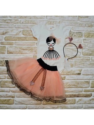 TeknoKapsül 9-12-18 Ay Kız Nakışlı Taçlı Kısa Kollu Tütü Etek 3lü Kız Bebek Takımı Pudra