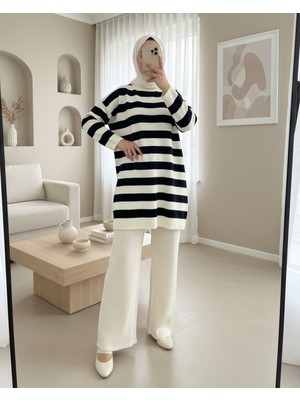Moda Morfo Bisiklet Yaka Yan Çizgili Triko Tunik -Siyah