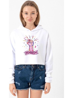 Tshirthane Colorful Feminism Hand Beyaz Optik Kadın Crop Kapşonlu