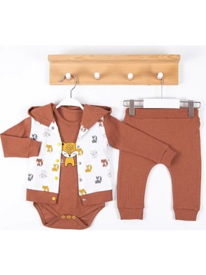 TeknoKapsül Littie Nakışlı % 100 Pamuk Hırkalı 3'lü Erkek Takım