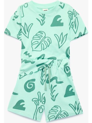 Koton Pamuklu Kısa Kollu Bisiklet Yaka Baskılı Şort ve Tişört Seti - 2'li Takım