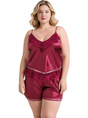 Pileli Store Büyük Beden Bordo Saten Babydoll Şort Takımı Zarif Kadın Gece Giyim