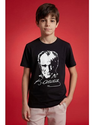 Siyah Atatürk Baskılı Unisex Çocuk T-Shirt - 11332