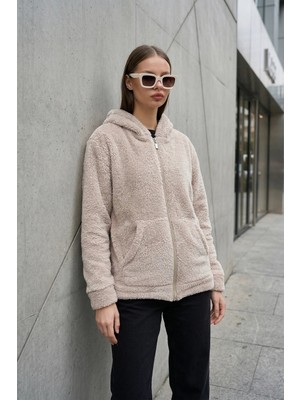 Segnante Kadın Kapüşonlu Fermuarlı Welsoft Yumuşak Kumaş Krem Peluş Polar