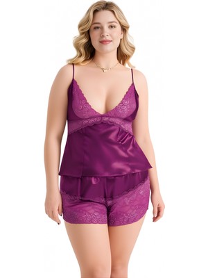 Pileli Store Büyük Beden Mor Saten Babydoll Şort Takımı Zarif Kadın Gece Giyim