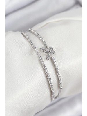 TeknoKapsül Pirinç Zirkon Taşlı Model Gümüş Renk Kadın Bileklik