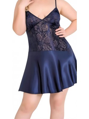 Pileli Store Büyük Beden Lacivert Saten Mini Gecelik Zarif Kadın Gece Elbisesi