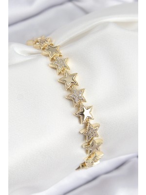 TeknoKapsül Vip Pirinç Zirkon Taşlı Yıldız Model Gold Renk Kadın Bileklik