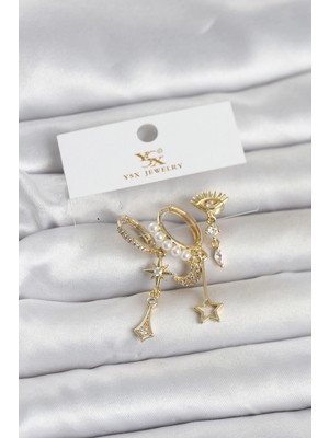 TeknoKapsül Pirinç Gold Renk Zirkon Taşlı Gece Temalı 3'lü Kadın Küpe