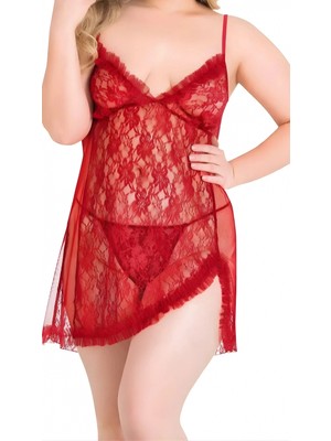 Pileli Store Büyük Beden Kırmızı Tül Mini Gecelik Zarif Kadın Gece Elbisesi
