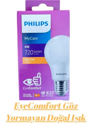 Philips Mycare LED Ampul 8W 720 Lumen 2700K Sarı Işık A60 E27 Duy Doğal Işık Göz Yormayan Enerji Tasarruflu