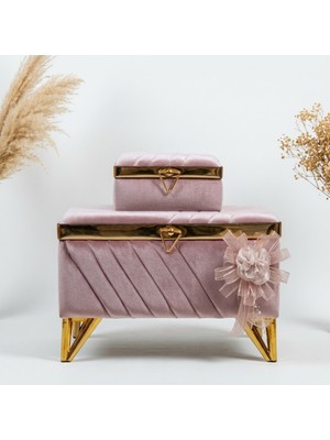 Ceyyiz Pudra Kadife V Modeli Nişan Sandığı Seti 2'li - Gold Metal Ayaklı Lüks Çeyiz Sandığı