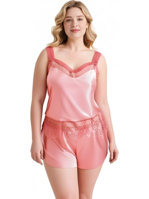 Pileli Store Büyük Beden Mercan Saten Babydoll Şort Takımı Zarif Kadın Gece Giyim