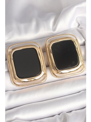 TeknoKapsül Pirinç Gold Renk Siyah Mineli Kare Model Kadın Küpe