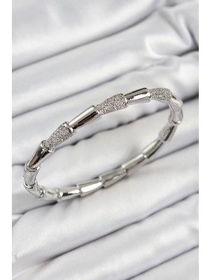 TeknoKapsül Pirinç Zirkon Taşlı Kemik Model Gümüş Renk Vip Kadın Bileklik