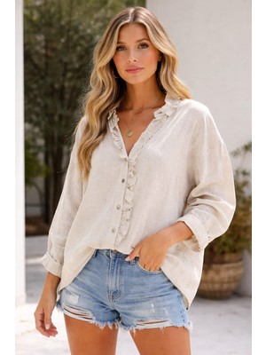Die&More Kadın V Yaka Fırfırlı Keten Gömlek
