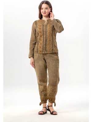 Eliş Şile Bezi Katlanabilir Uzun Kol Inka Yuvarlak Yaka Yazlık Düğmeli Otantik Poplin Kadın Gömlek Toprak Tprk