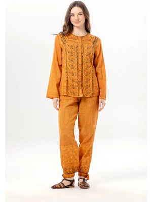 Eliş Şile Bezi Katlanabilir Uzun Kol Inka Yuvarlak Yaka Yazlık Düğmeli Otantik Poplin Kadın Gömlek Hardal Hrd