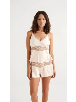 Pileli Store Fildişi Saten Babydoll Şort Takımı Zarif Kadın Gece Giyim