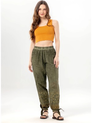 Eliş Şile Bezi Beli Lastikli Inka Bilekten Bağlamalı Otantik Nakışlı Kadın Poplin Pantolon Haki Hk