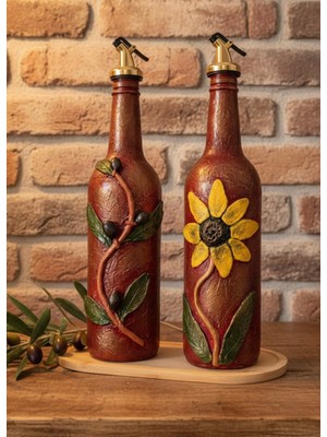 Rembox El Yapımı Cam Yağdanlık Seti 2’li 750 ml | Sanatsal Dekoratif Zeytin & Ayçiçek