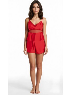 Pileli Store Kırmızı Saten Babydoll Şort Takımı Zarif Kadın Gece Giyim