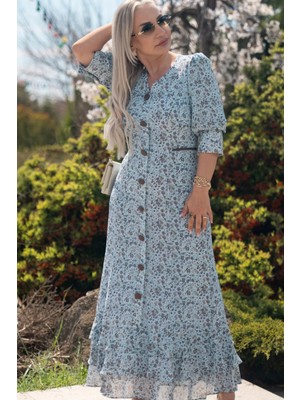 Muna Boutique Bebe Mavisi Volanlı Maxi Boy Elbise