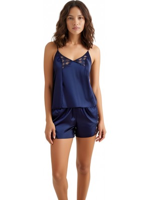 Pileli Store Lacivert Saten Babydoll Şort Takımı Zarif Kadın Gece Giyim