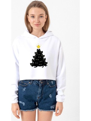 Tshirthane Meowy Christmas Beyaz Optik Kadın Crop Kapşonlu