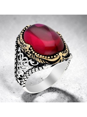 Takılingo 925 Ayar Gümüş Oval Kırmızı Ruby Taşlı Erkek Yüzük